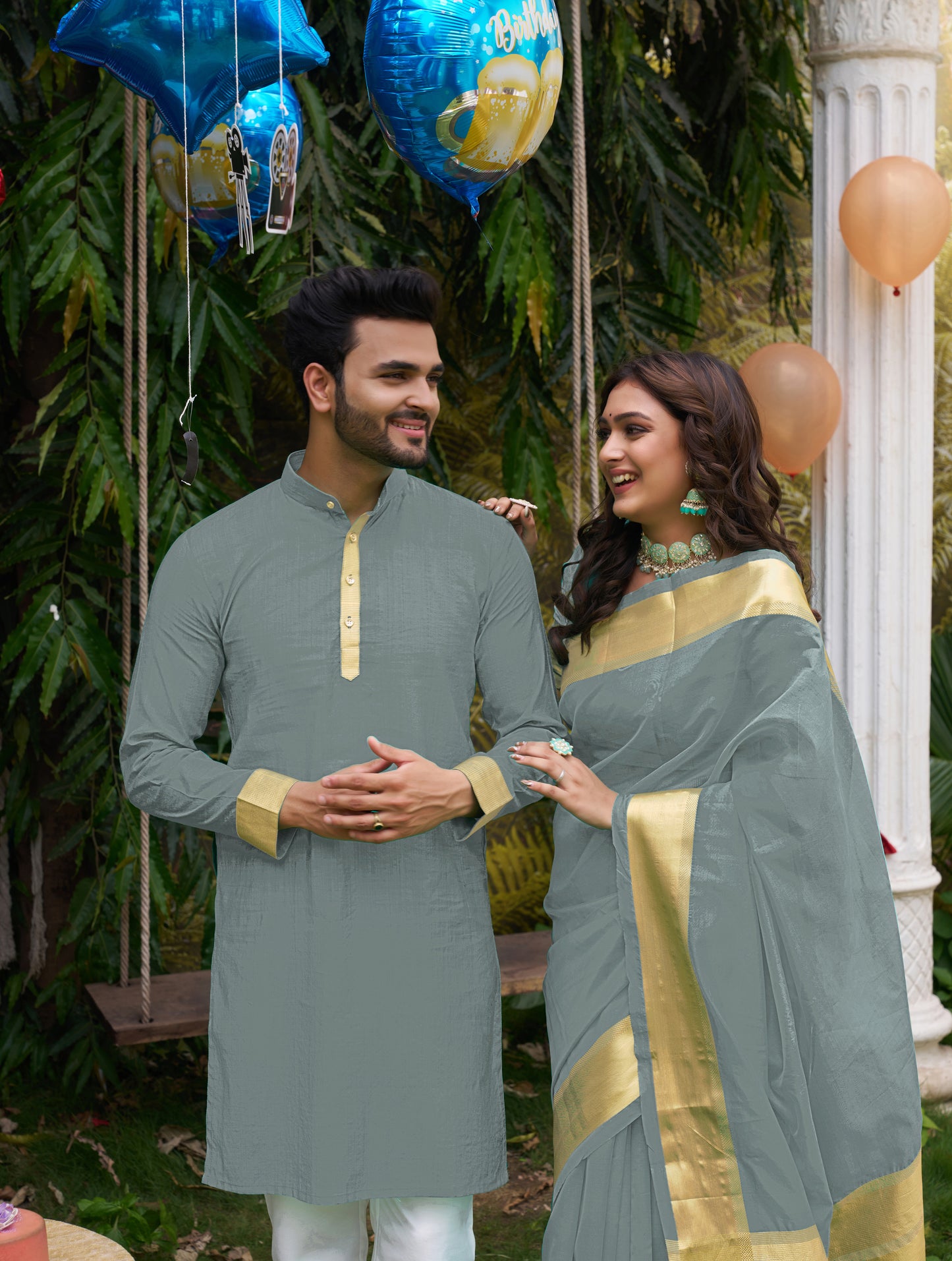 Hunnybunny Grey Silk Couple Wear Saree with Kurta