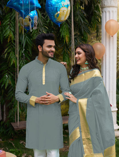 Hunnybunny Grey Silk Couple Wear Saree with Kurta
