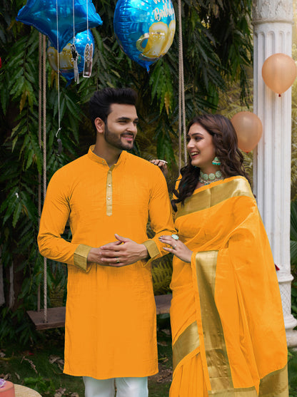 Hunnybunny Yellow Silk Couple Wear Saree with Kurta