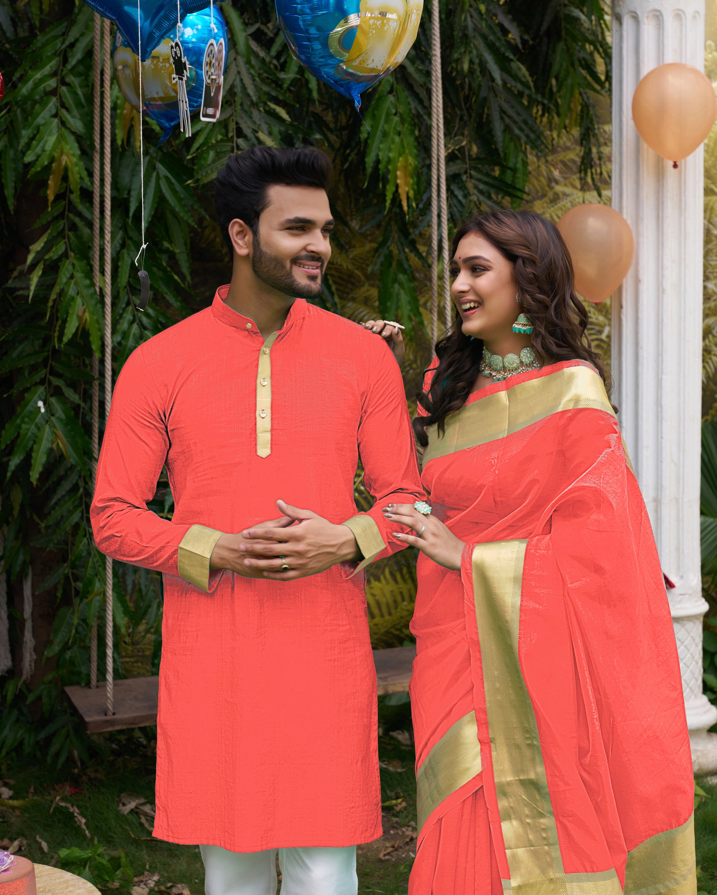 Hunnybunny Pink Silk Couple Wear Saree with Kurta