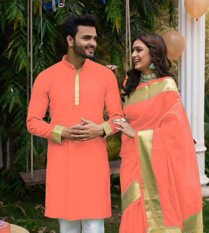 Hunnybunny Peach Silk Couple Wear Saree with Kurta