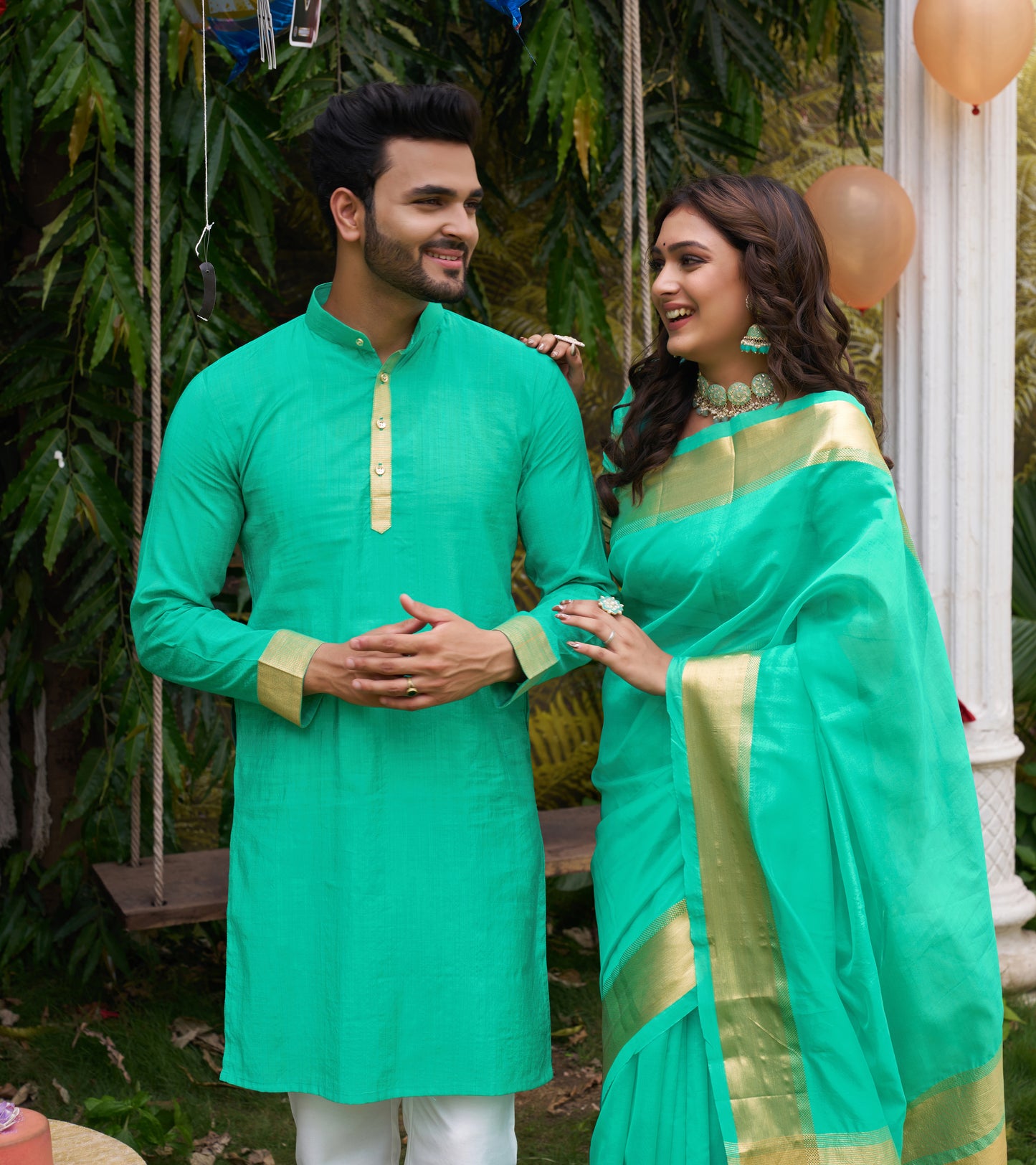 Hunnybunny Teal Blue Silk Couple Wear Saree with Kurta