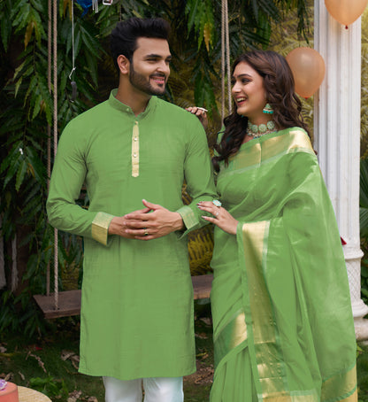 Hunnybunny Mehndi Green Silk Couple Wear Saree with Kurta