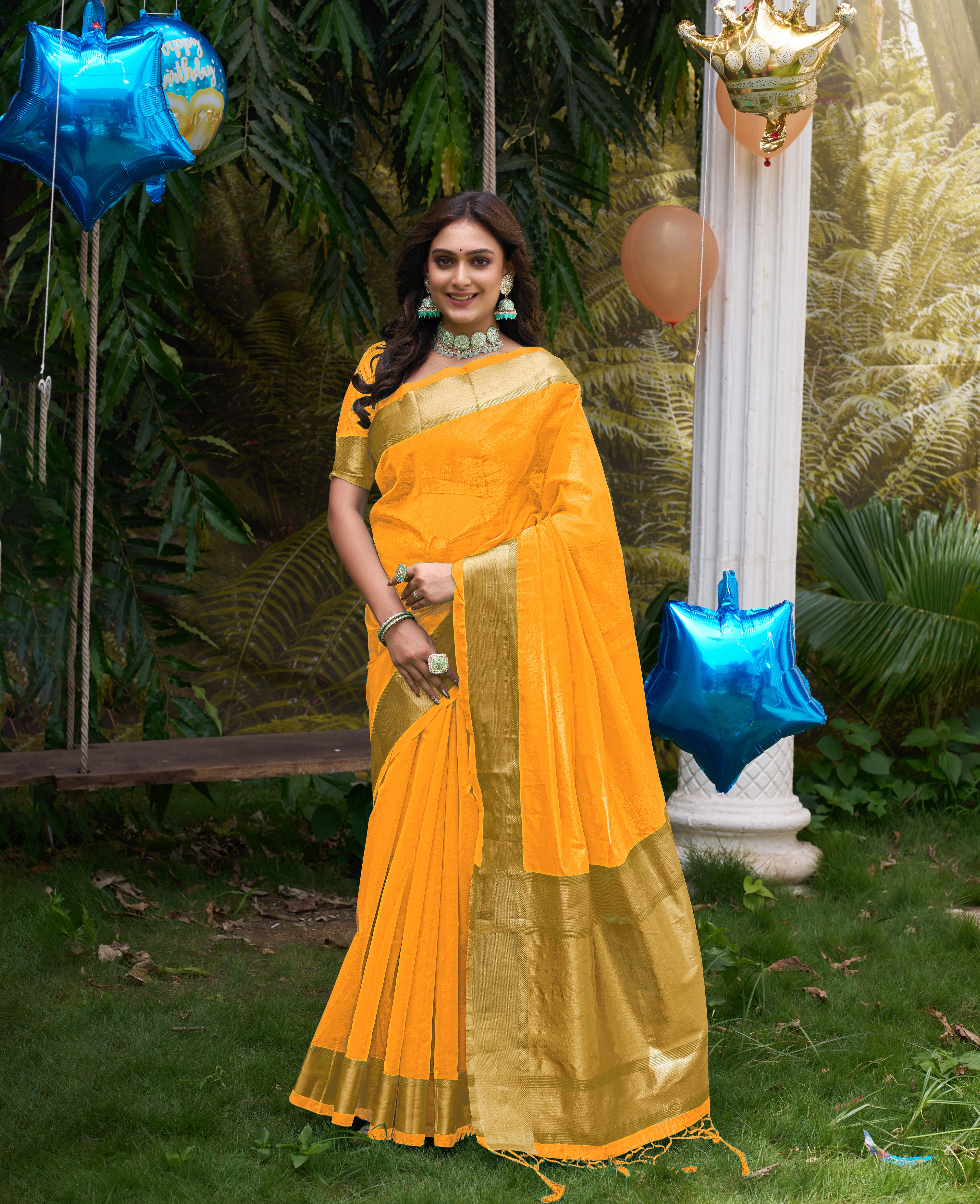Hunnybunny Yellow Silk Couple Wear Saree with Kurta