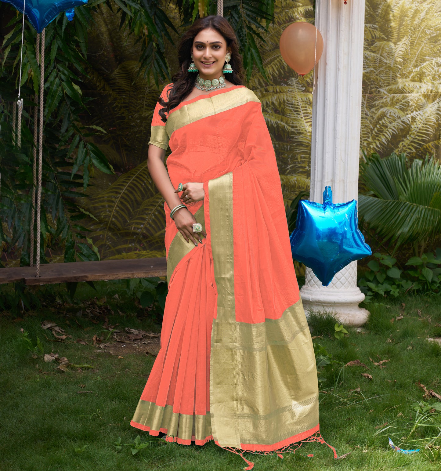 Hunnybunny Peach Silk Couple Wear Saree with Kurta