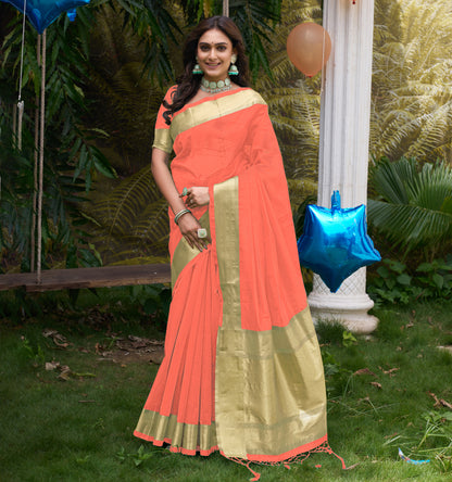 Hunnybunny Peach Silk Couple Wear Saree with Kurta