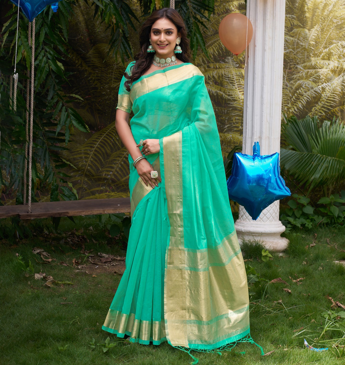 Hunnybunny Teal Blue Silk Couple Wear Saree with Kurta