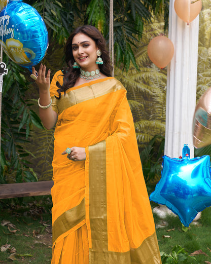 Hunnybunny Yellow Silk Couple Wear Saree with Kurta