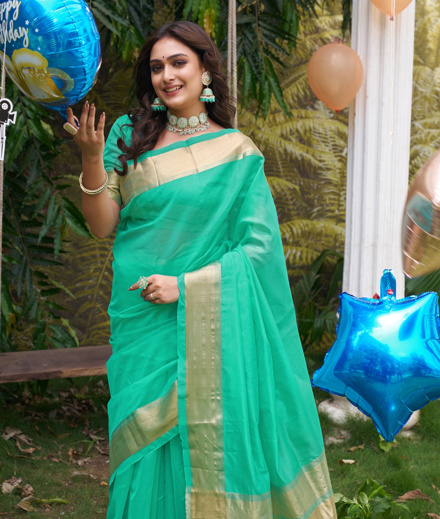 Hunnybunny Teal Blue Silk Couple Wear Saree with Kurta