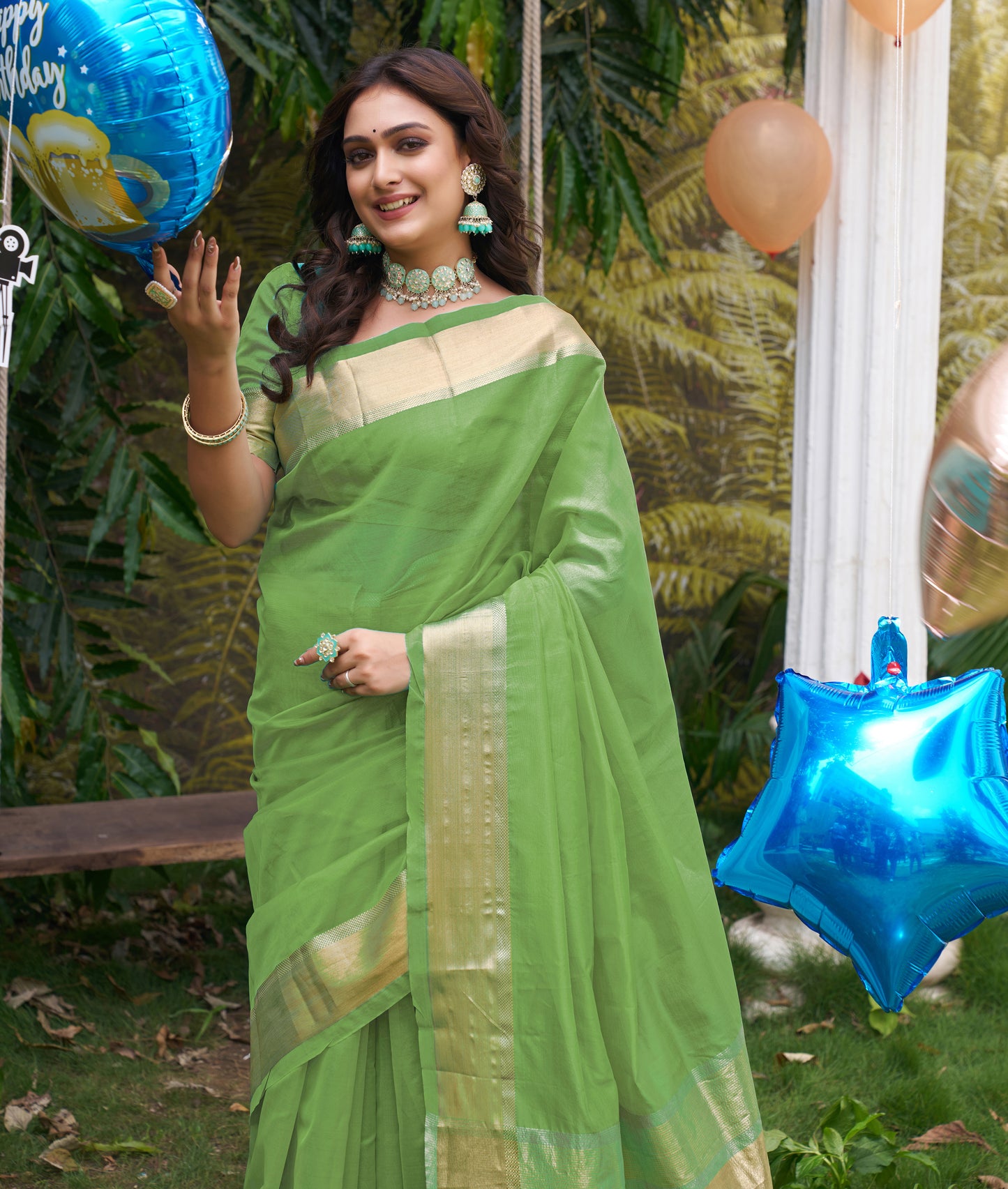 Hunnybunny Mehndi Green Silk Couple Wear Saree with Kurta