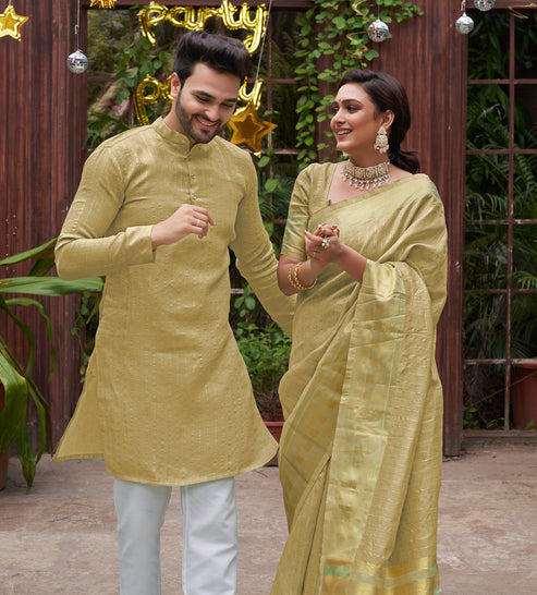 Bansari Mishri Golden Couple set Saree with Kurta
