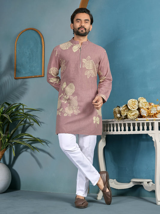 Natural Khadi Cotton Kurta with Zipper in Premium Fabric Peach Color Shopgarb