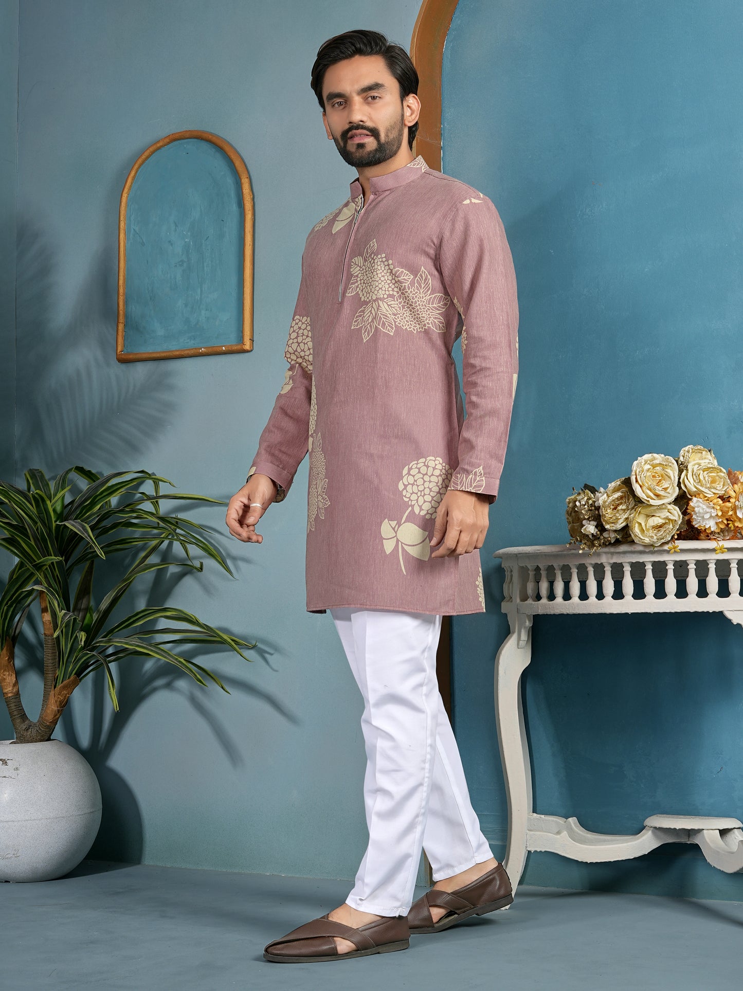 Natural Khadi Cotton Kurta with Zipper in Premium Fabric Peach Color Shopgarb