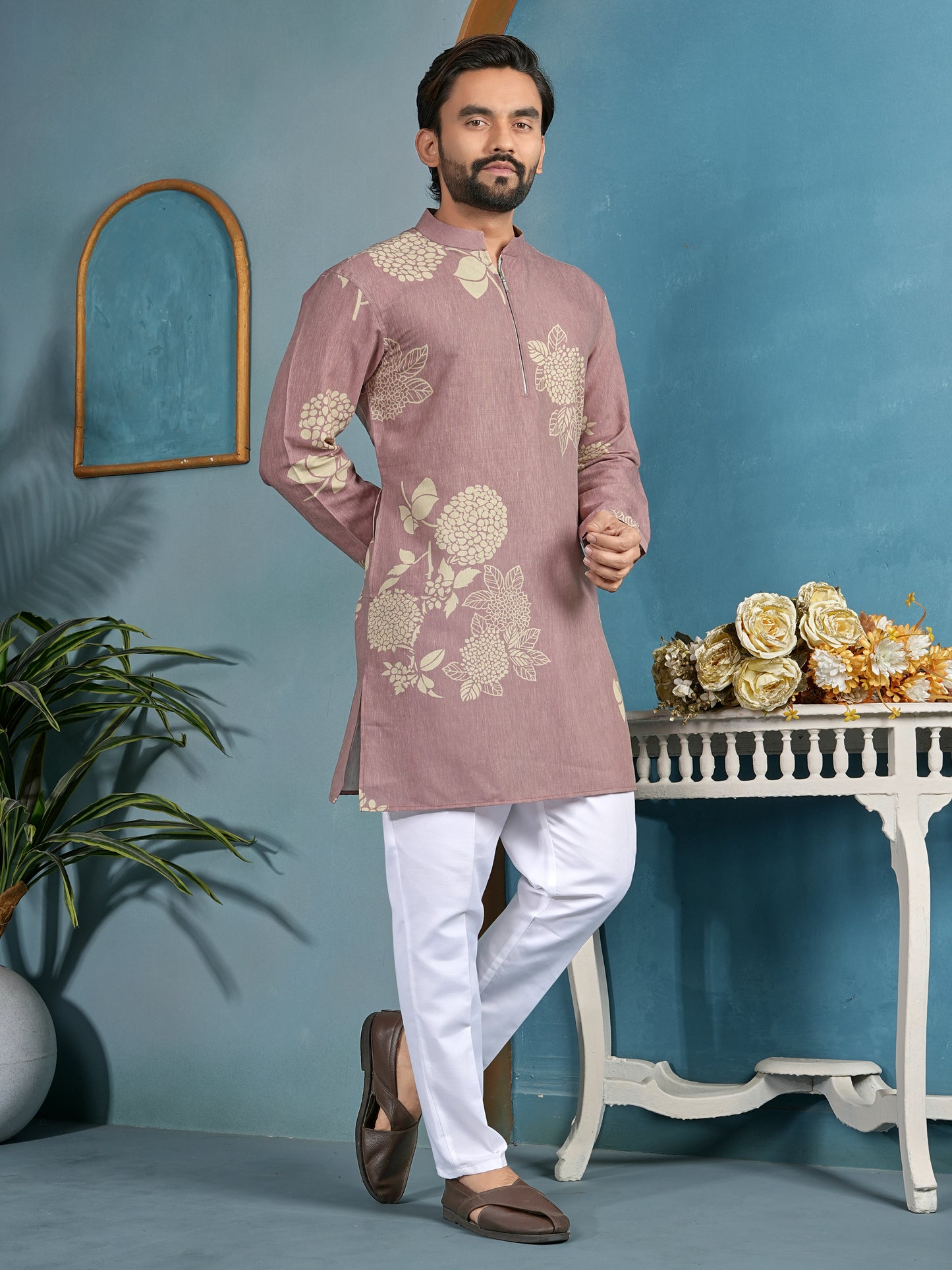 Natural Khadi Cotton Kurta with Zipper in Premium Fabric Peach Color Shopgarb