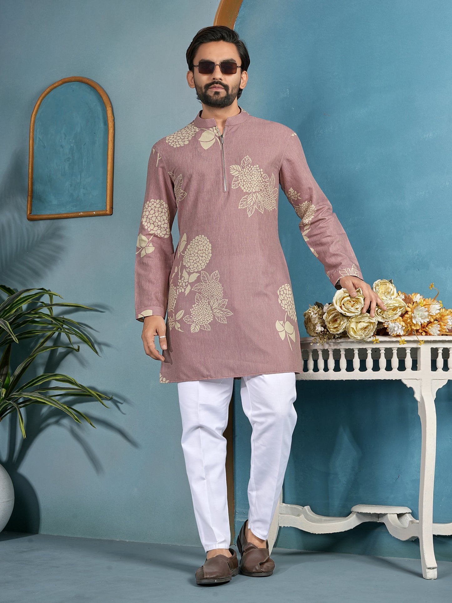 Natural Khadi Cotton Kurta with Zipper in Premium Fabric Peach Color Shopgarb