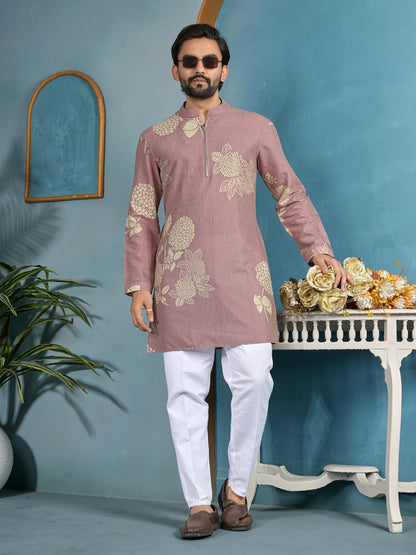 Natural Khadi Cotton Kurta with Zipper in Premium Fabric Peach Color Shopgarb