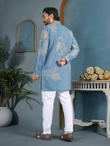 Natural Khadi Cotton Kurta with Zipper in Premium Fabric Sky Color Shopgarb