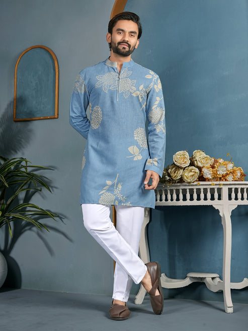 Natural Khadi Cotton Kurta with Zipper in Premium Fabric Sky Color Shopgarb