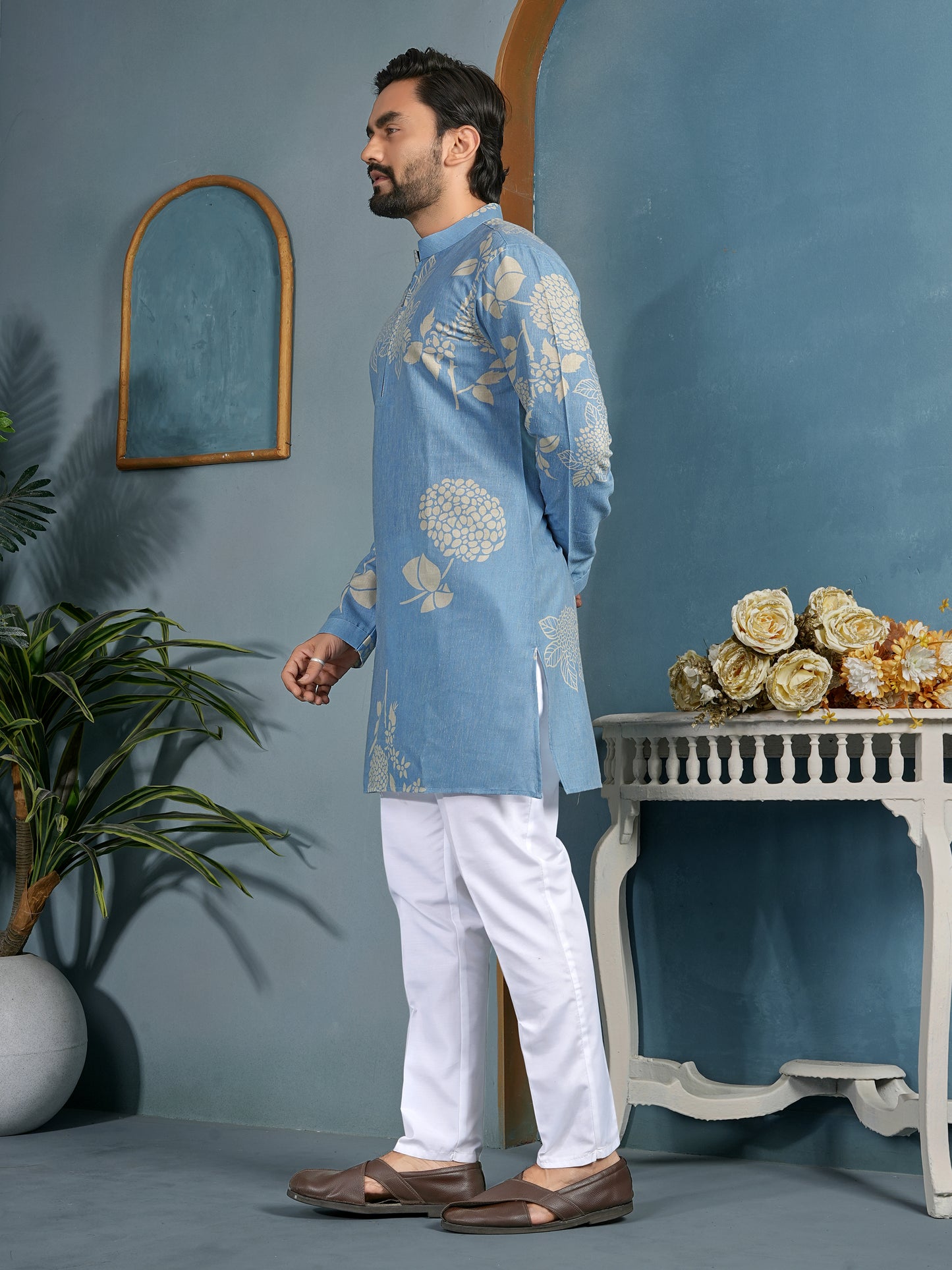Natural Khadi Cotton Kurta with Zipper in Premium Fabric Sky Color Shopgarb