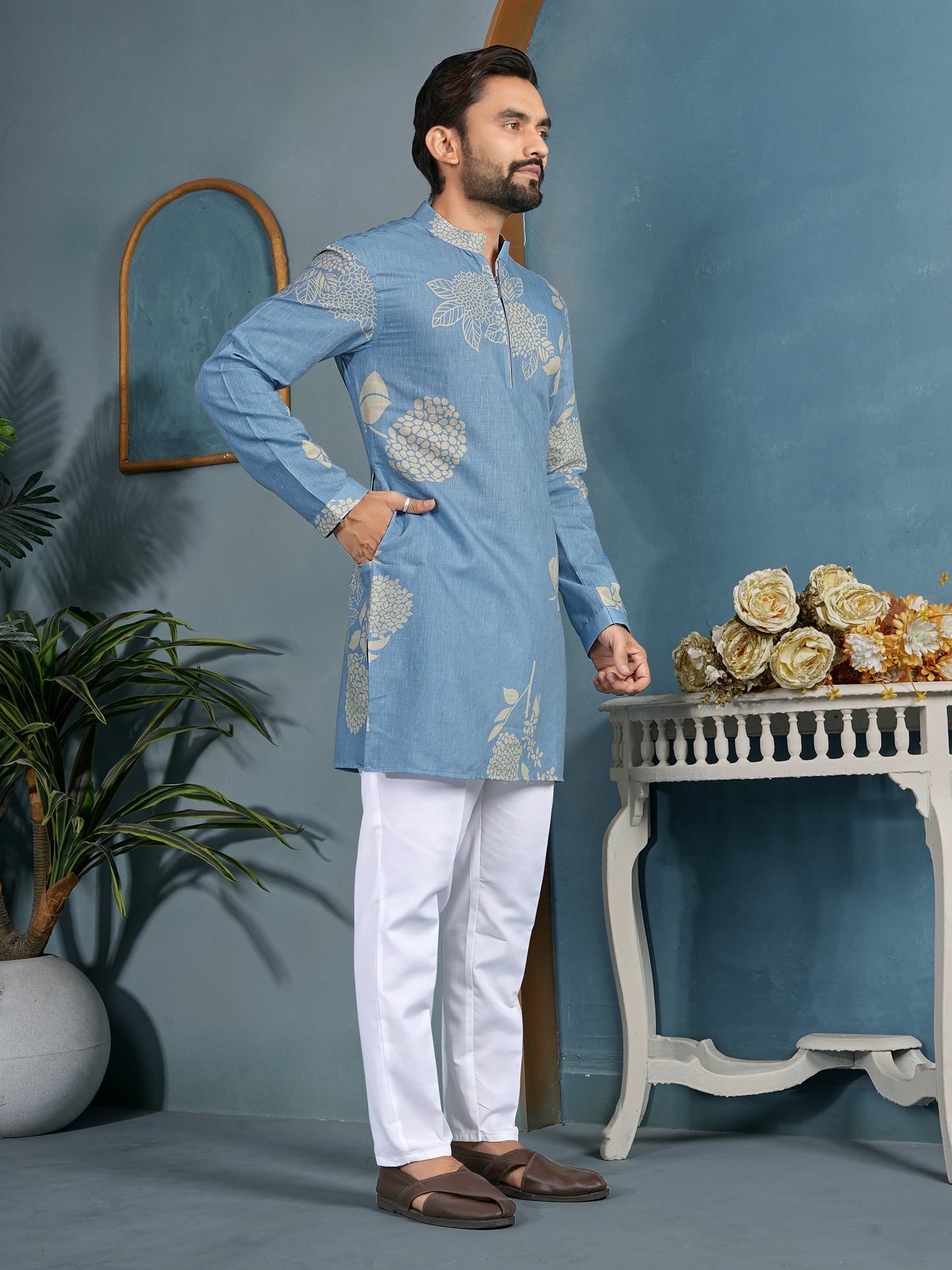 Natural Khadi Cotton Kurta with Zipper in Premium Fabric Sky Color Shopgarb
