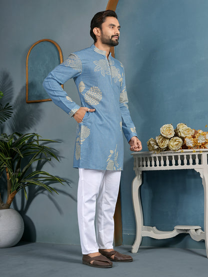 Natural Khadi Cotton Kurta with Zipper in Premium Fabric Sky Color Shopgarb