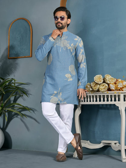 Natural Khadi Cotton Kurta with Zipper in Premium Fabric Sky Color Shopgarb