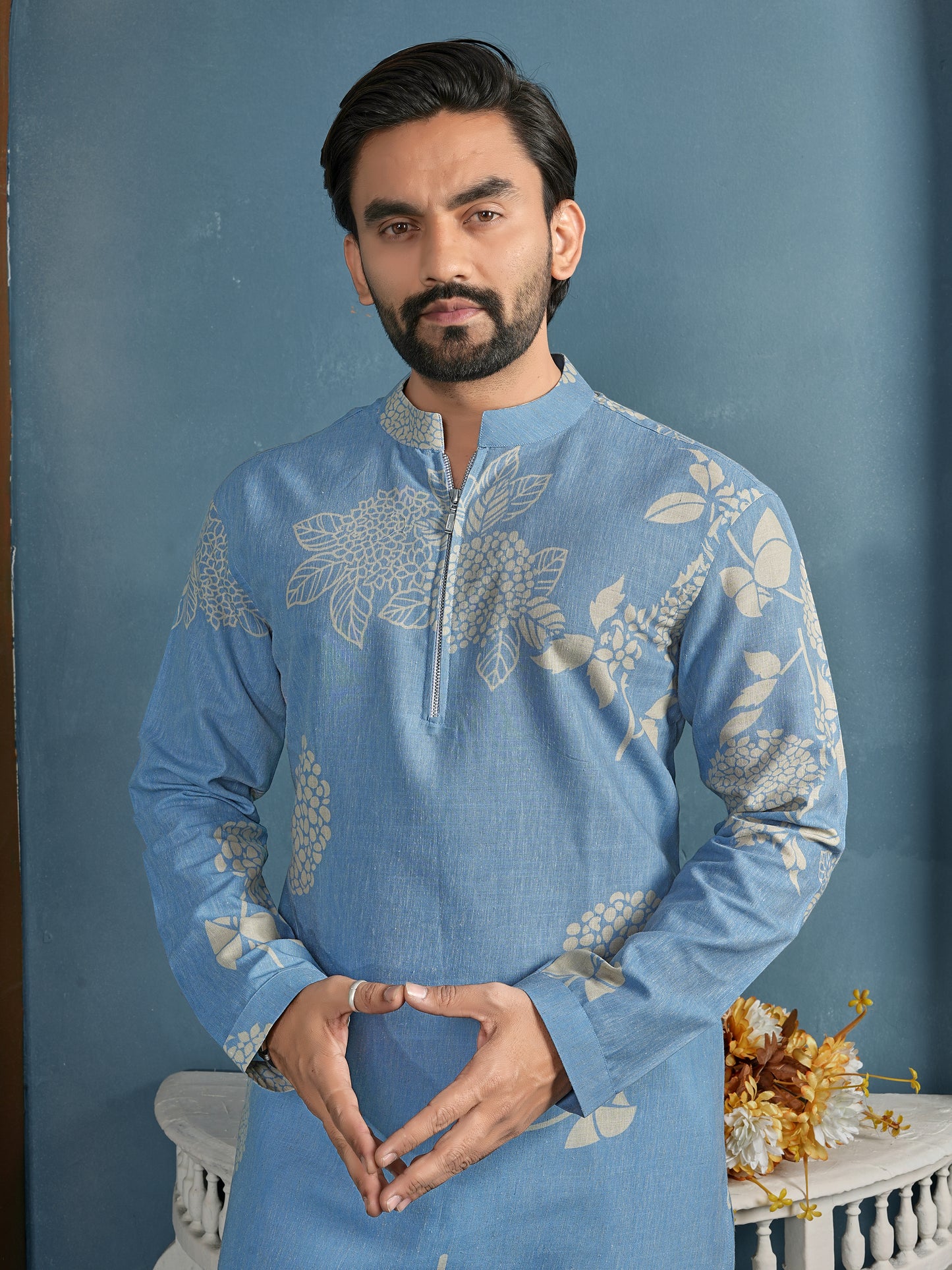 Natural Khadi Cotton Kurta with Zipper in Premium Fabric Sky Color Shopgarb
