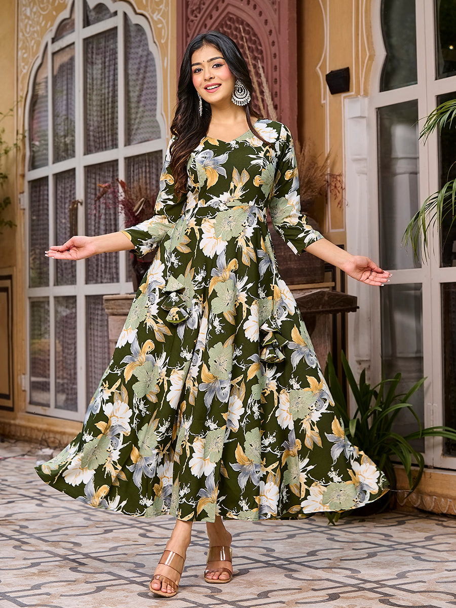 Olive Green Floral Printed Round Shape Kurta