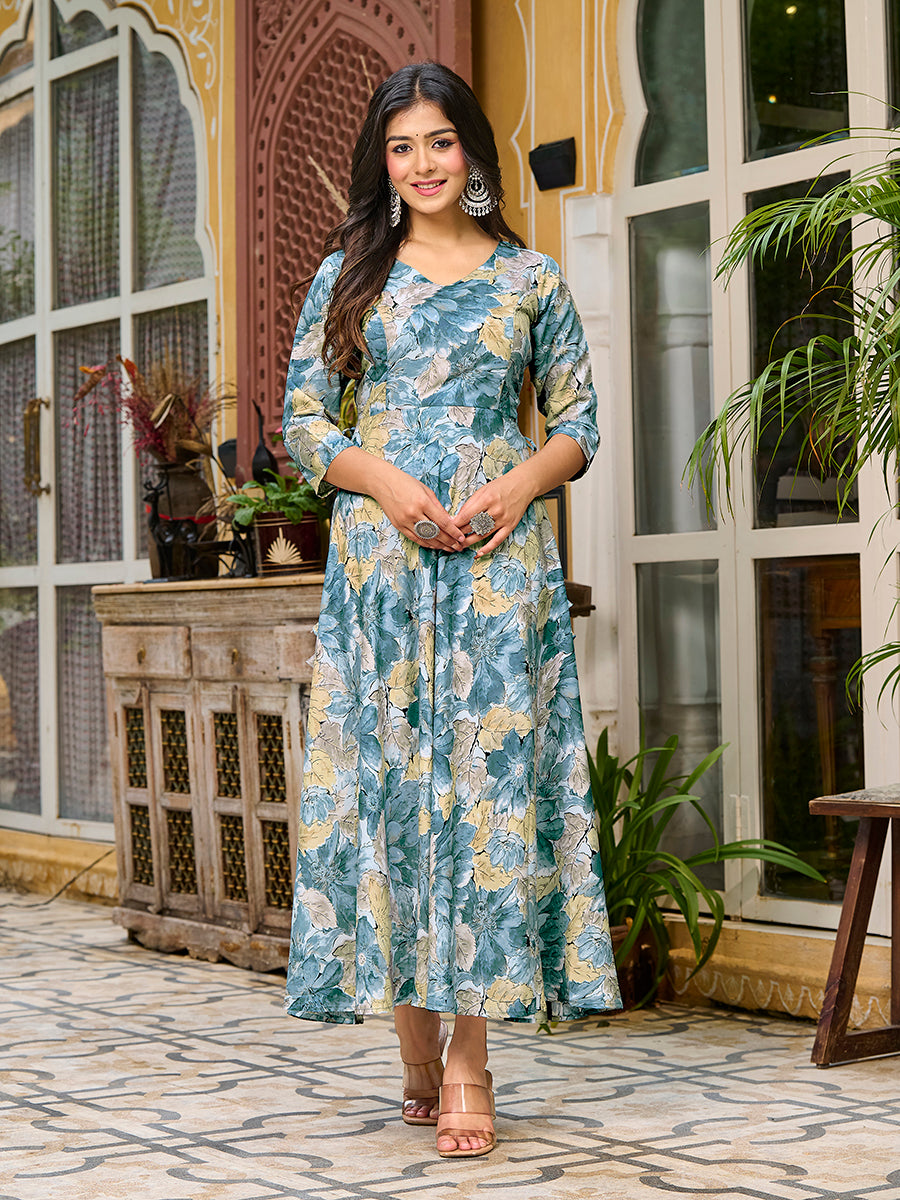 Bluish Grey Floral Printed Round Shape Kurta