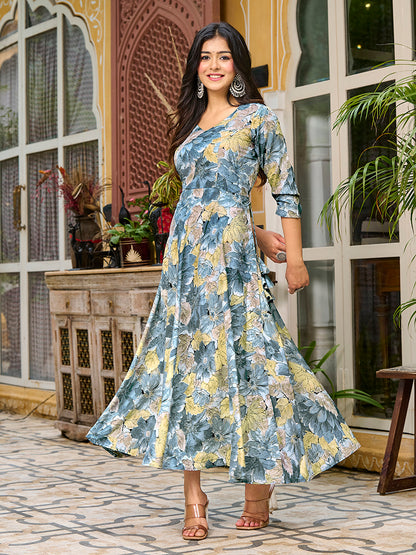 Bluish Grey Floral Printed Round Shape Kurta