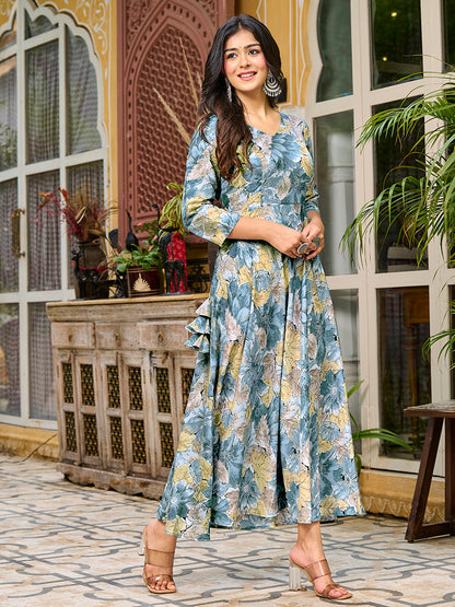 Bluish Grey Floral Printed Round Shape Kurta