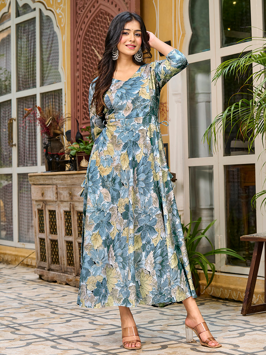 Bluish Grey Floral Printed Round Shape Kurta