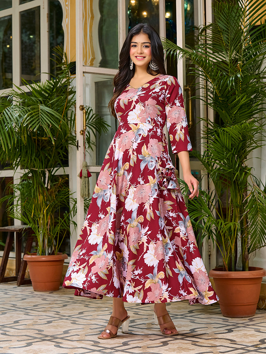 Dark Red Floral Printed Round Shape Kurta