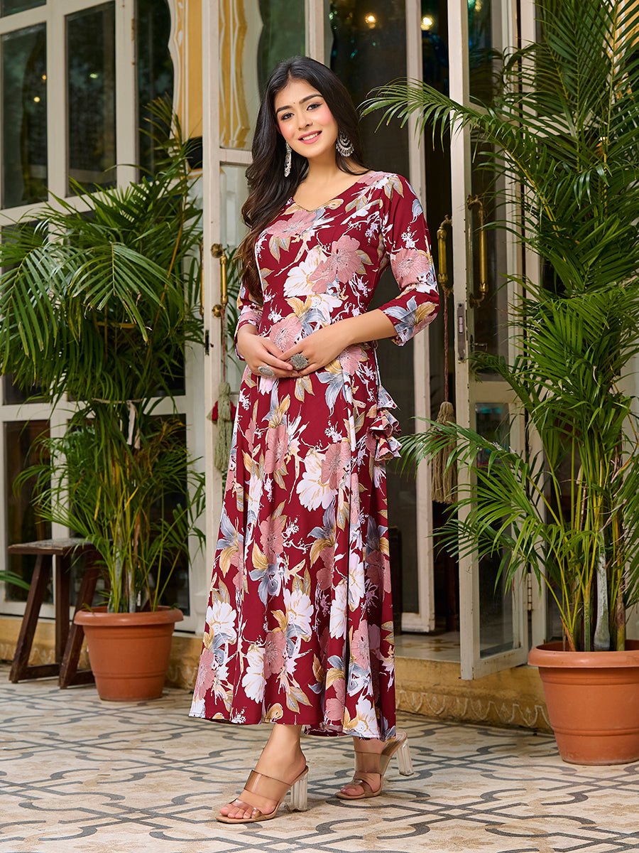 Dark Red Floral Printed Round Shape Kurta