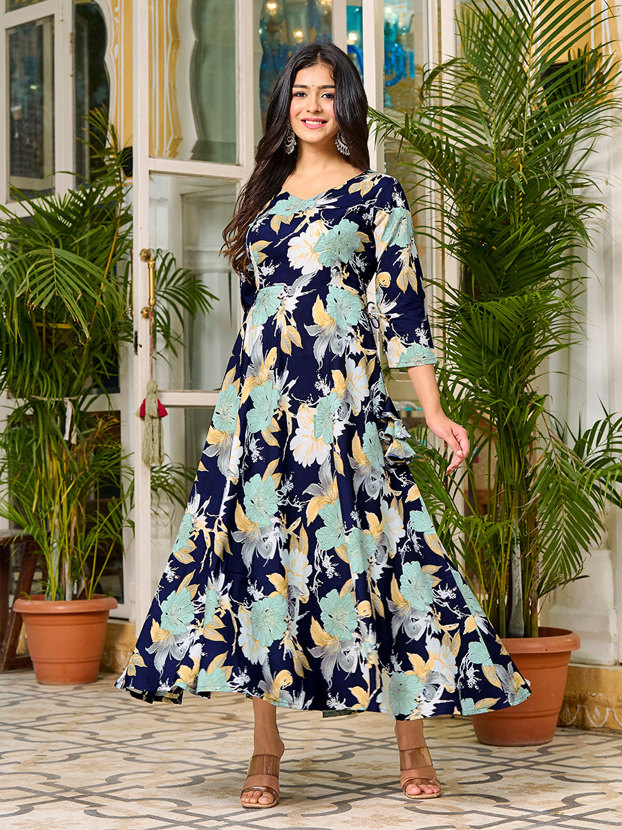 Navy Blue Floral Printed Round Shape Kurta