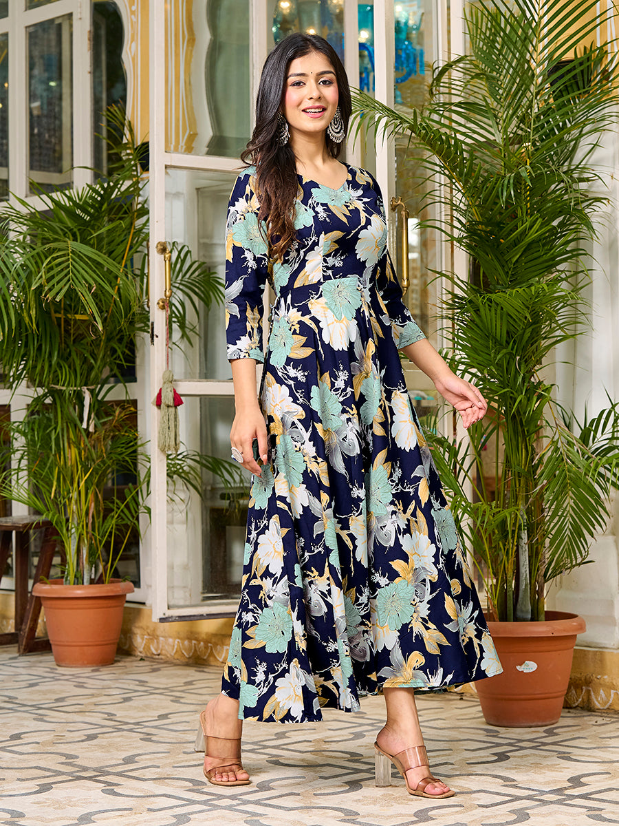 Navy Blue Floral Printed Round Shape Kurta