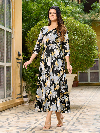 Black Floral Printed Round Shape Kurta