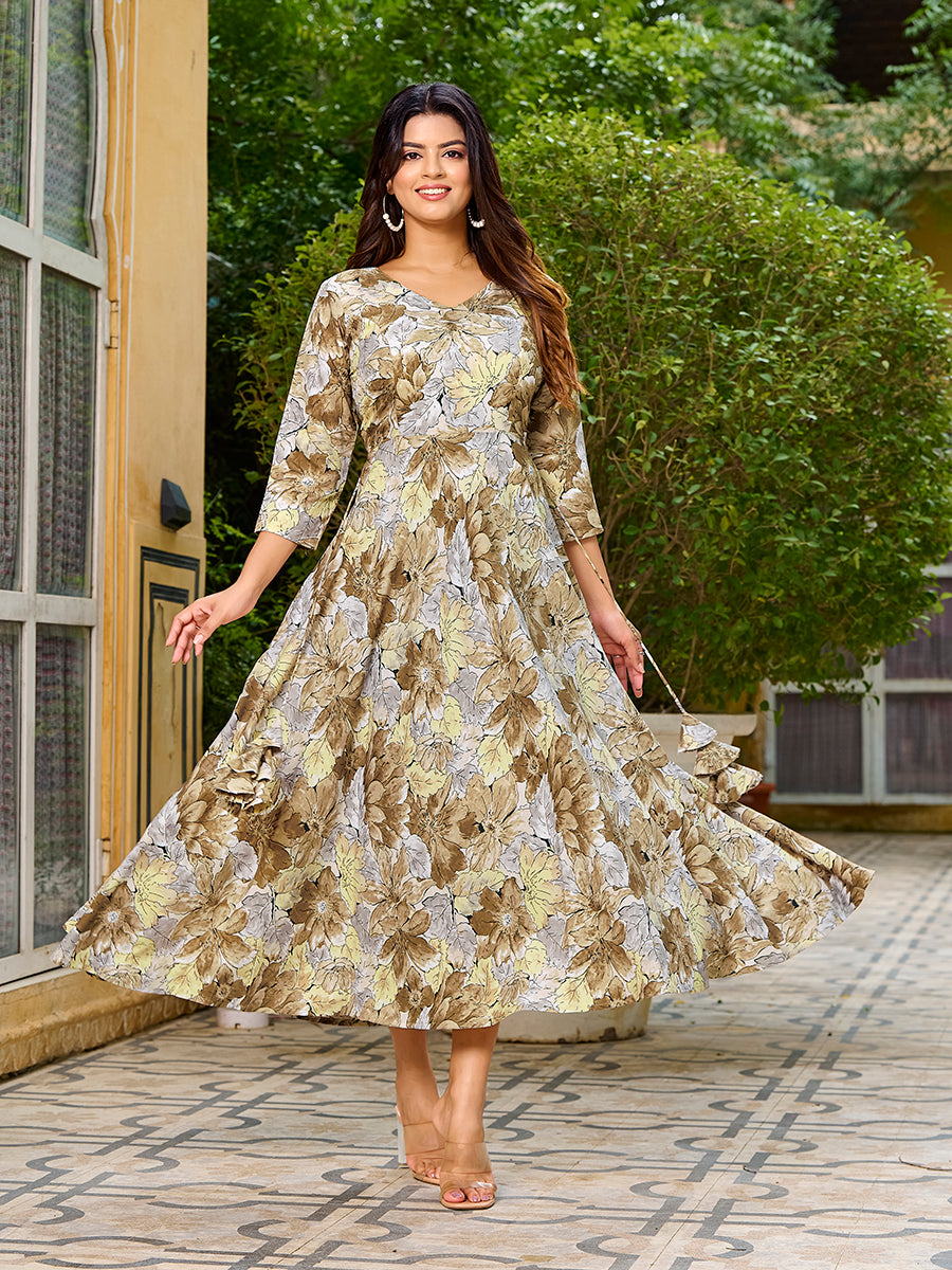 Dark Mustard Floral Printed Round Shape Kurta