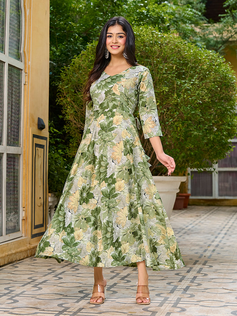 Light Green Floral Printed Round Shape Kurta