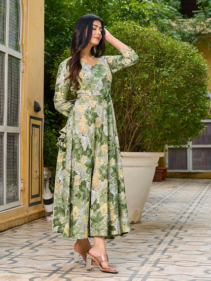 Light Green Floral Printed Round Shape Kurta