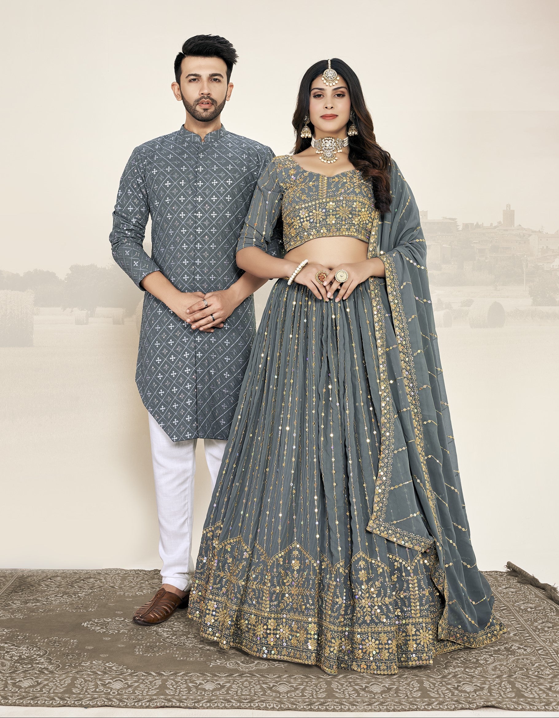 Grey Soft Georgette Embroidered Wedding Wear Couple Wear Set