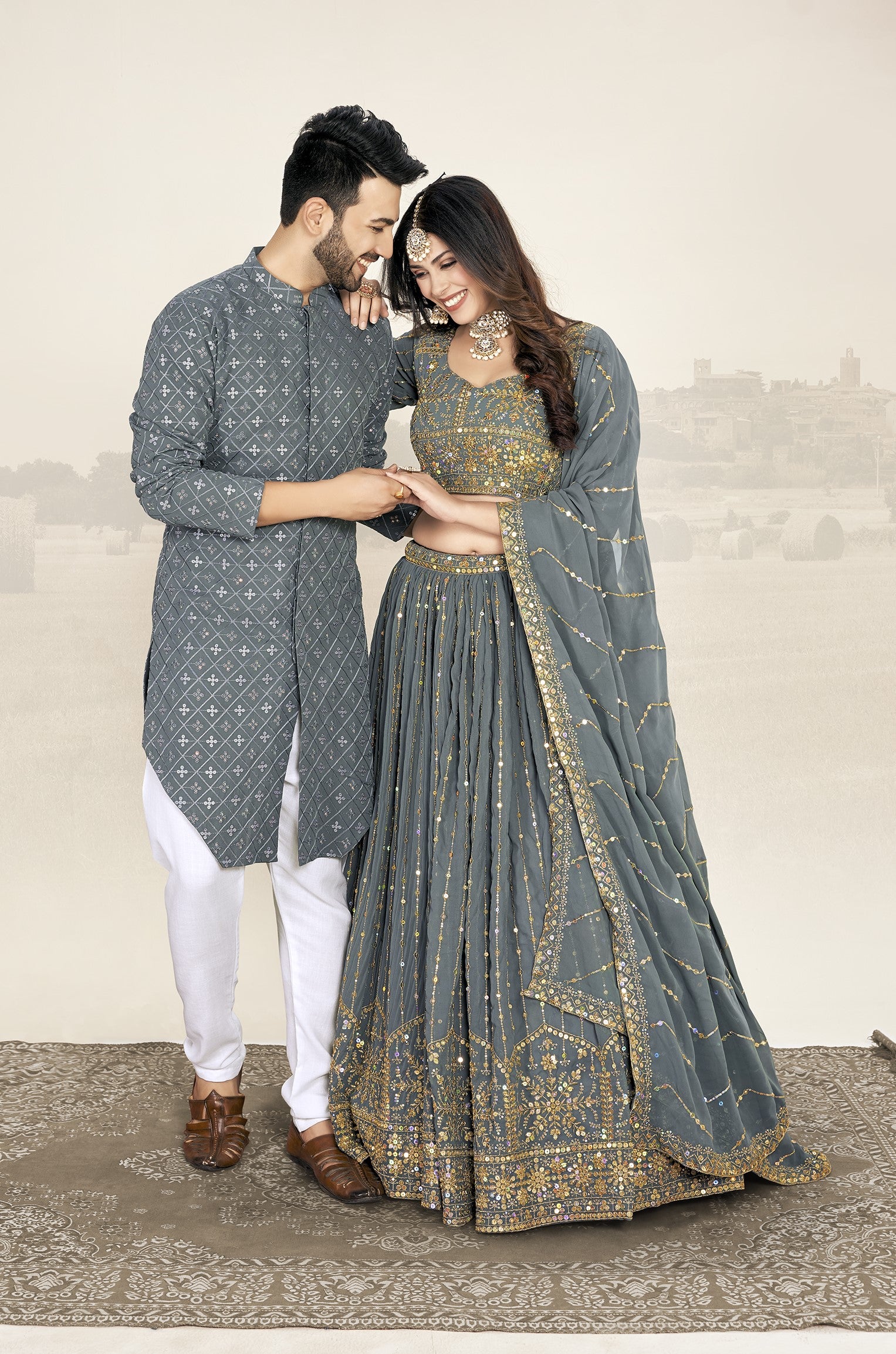 Grey Soft Georgette Embroidered Wedding Wear Couple Wear Set