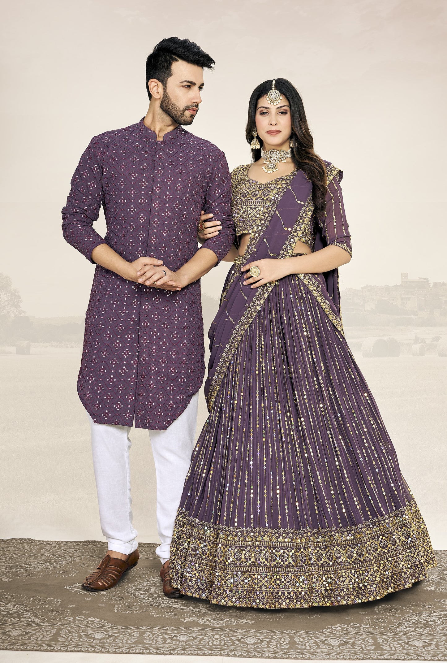 Purple Soft Georgette Embroidered Wedding Wear Couple Wear Set