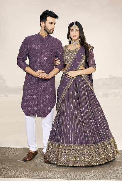 Purple Soft Georgette Embroidered Wedding Wear Couple Wear Set