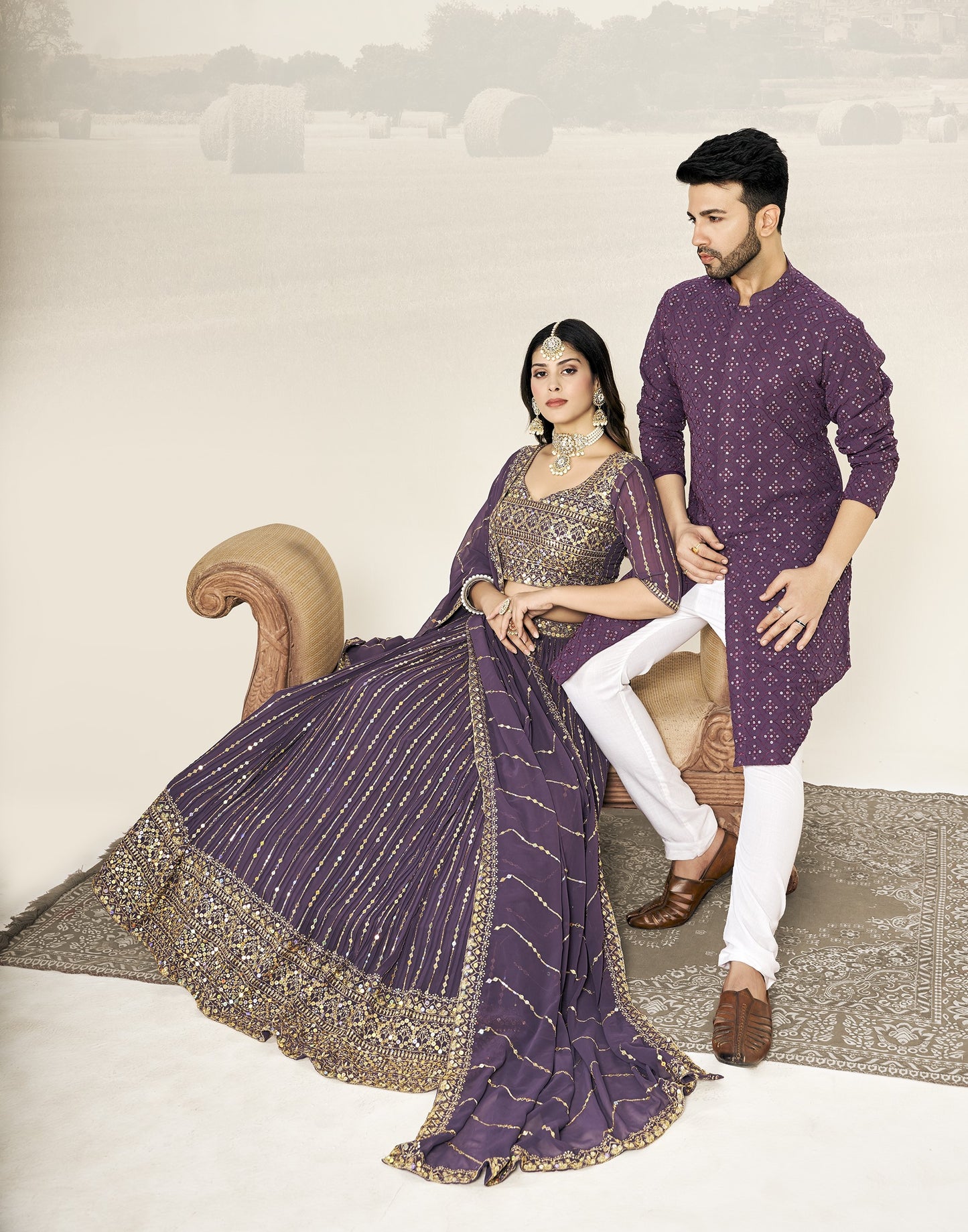 Purple Soft Georgette Embroidered Wedding Wear Couple Wear Set