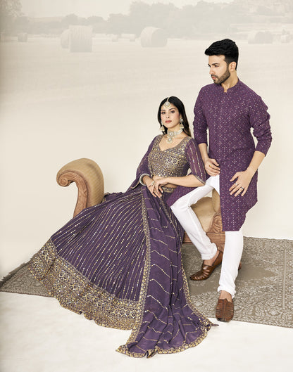 Purple Soft Georgette Embroidered Wedding Wear Couple Wear Set