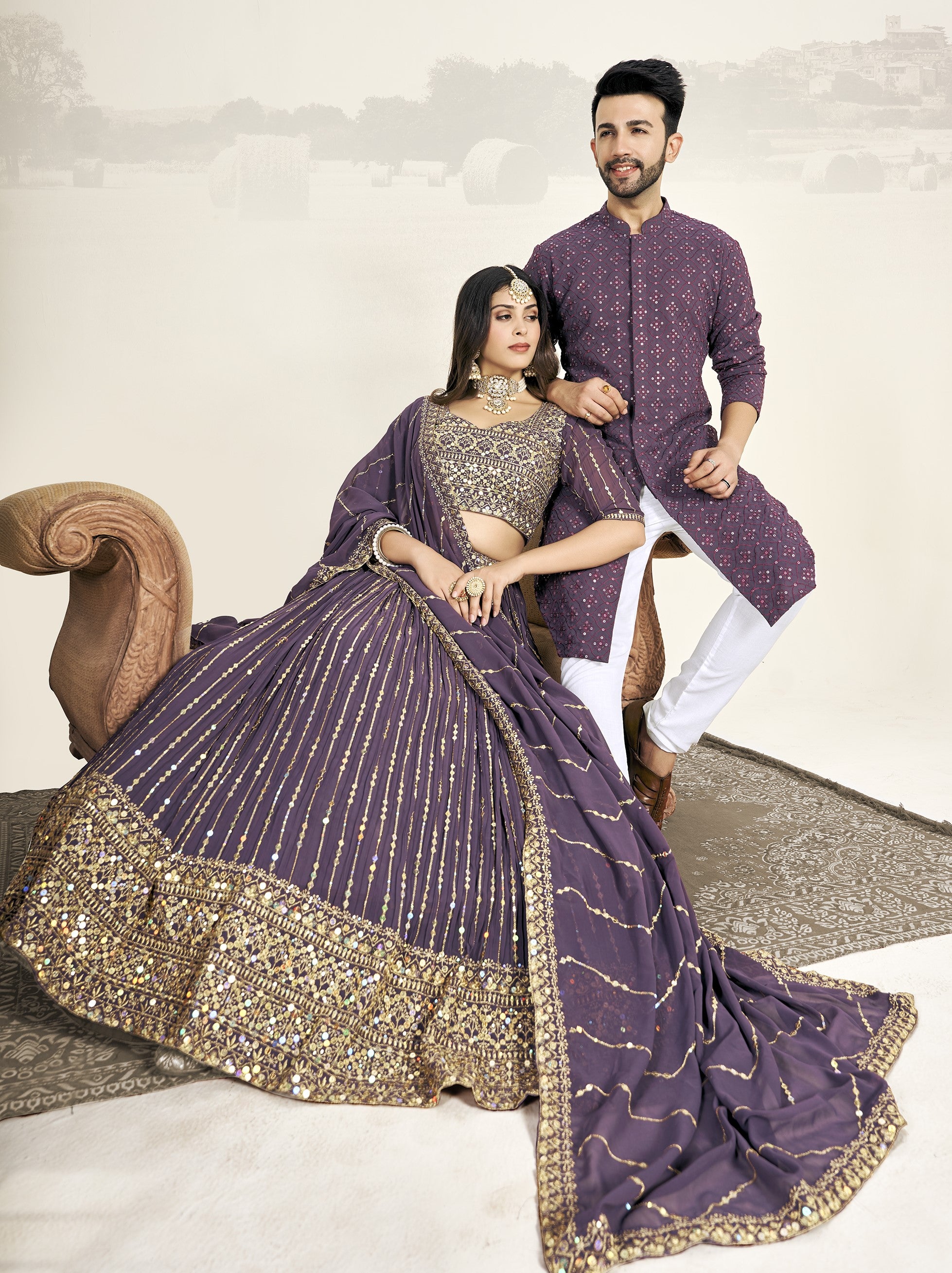 Purple Soft Georgette Embroidered Wedding Wear Couple Wear Set