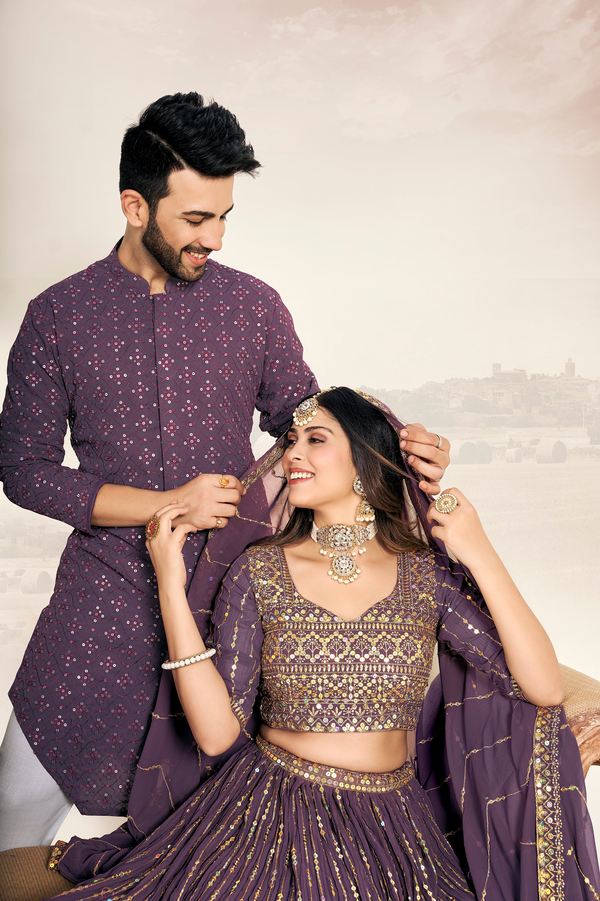 Purple Soft Georgette Embroidered Wedding Wear Couple Wear Set