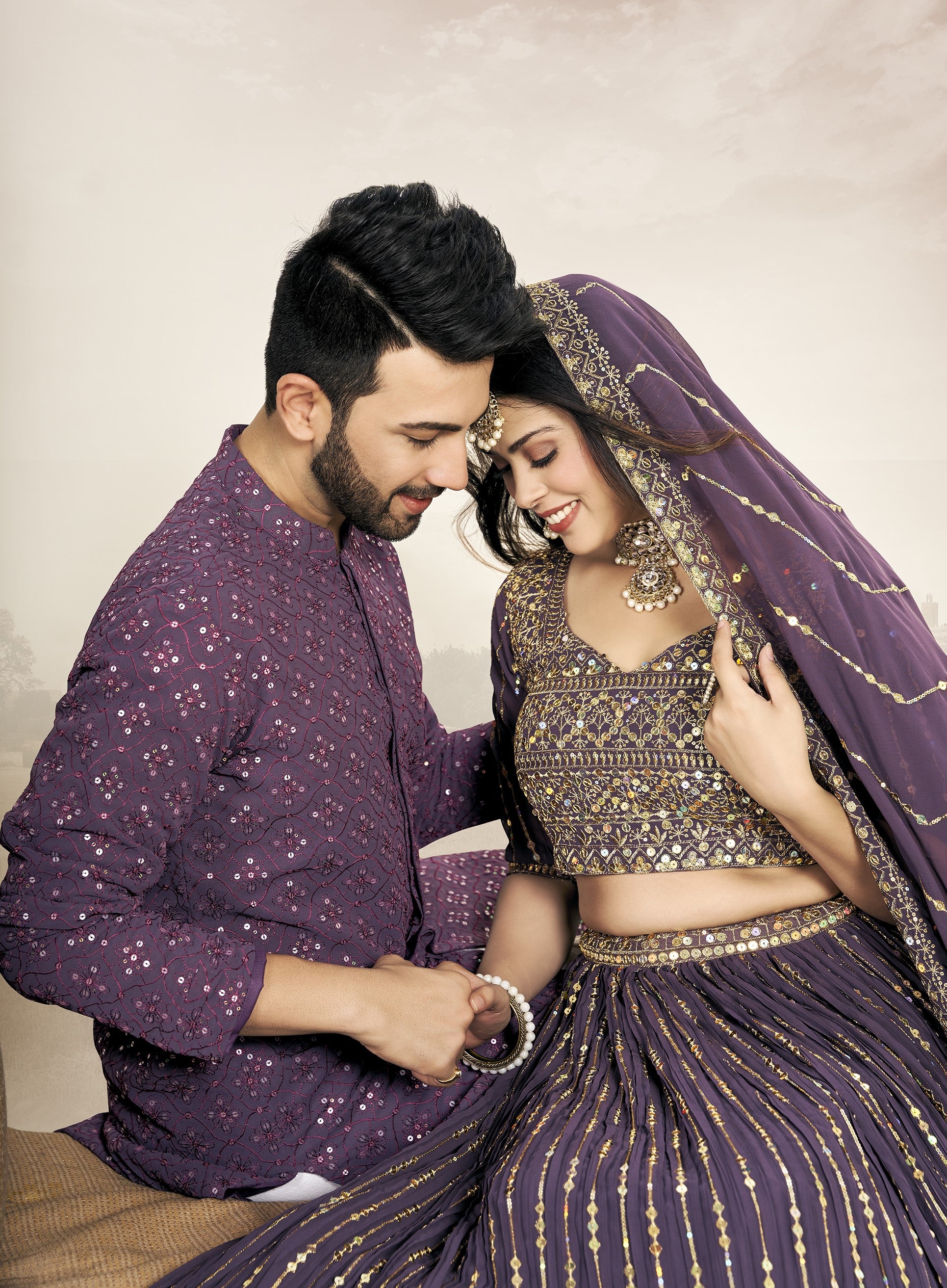 Purple Soft Georgette Embroidered Wedding Wear Couple Wear Set