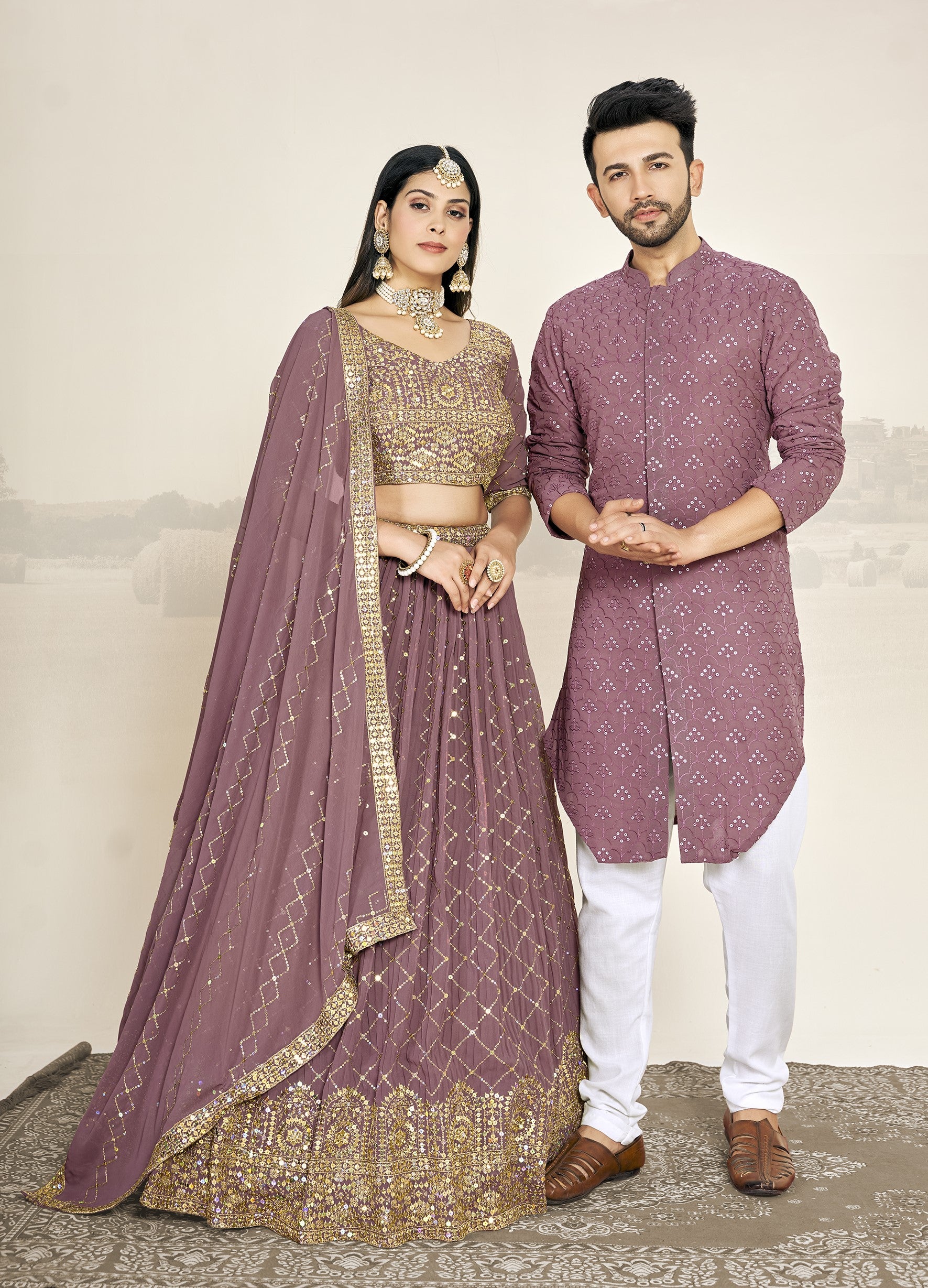 Mauve Soft Georgette Embroidered Wedding Wear Couple Wear Set